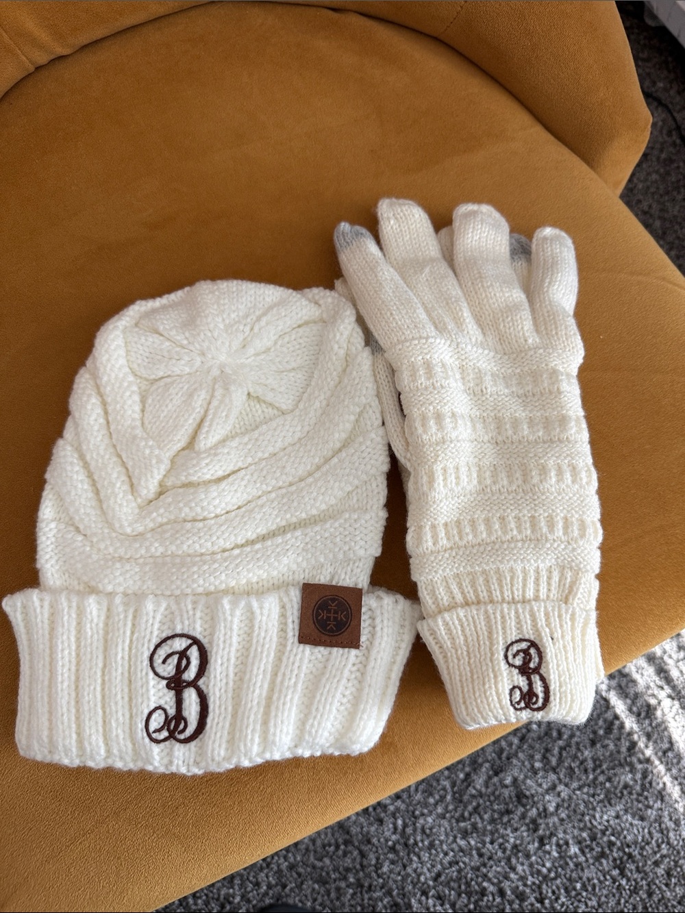 Women’s Cream Knit Beanie and Gloves Set with Monogram